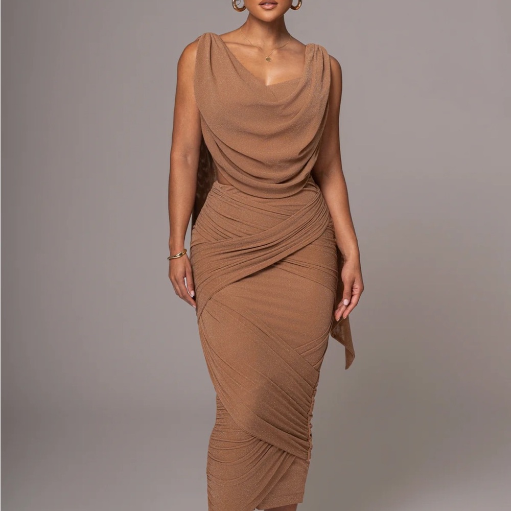 JLUXLABEL Elegant Brown Draped Midi Dress
